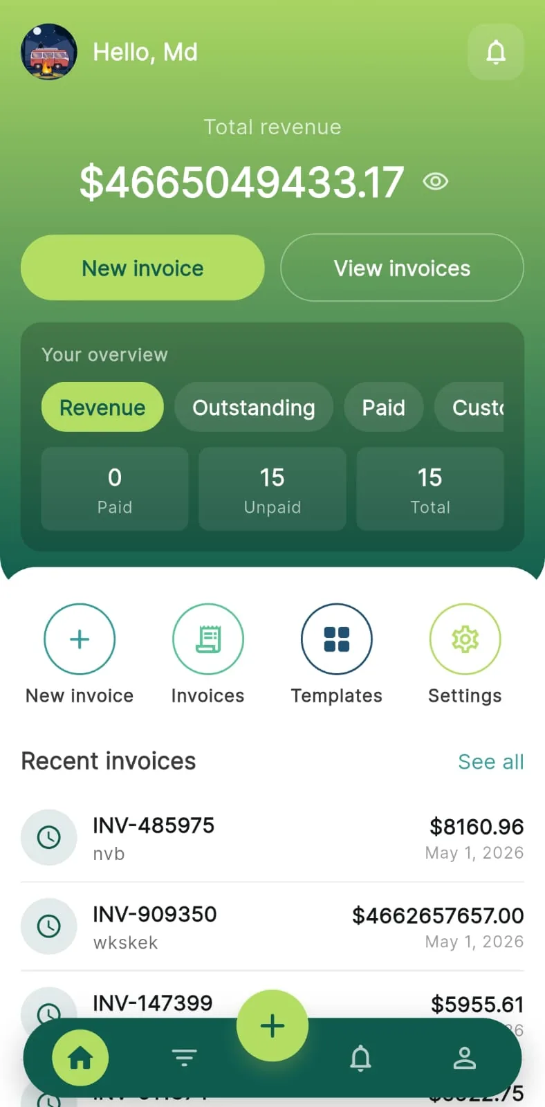 Easy Invoice dashboard overview showing revenue and analytics